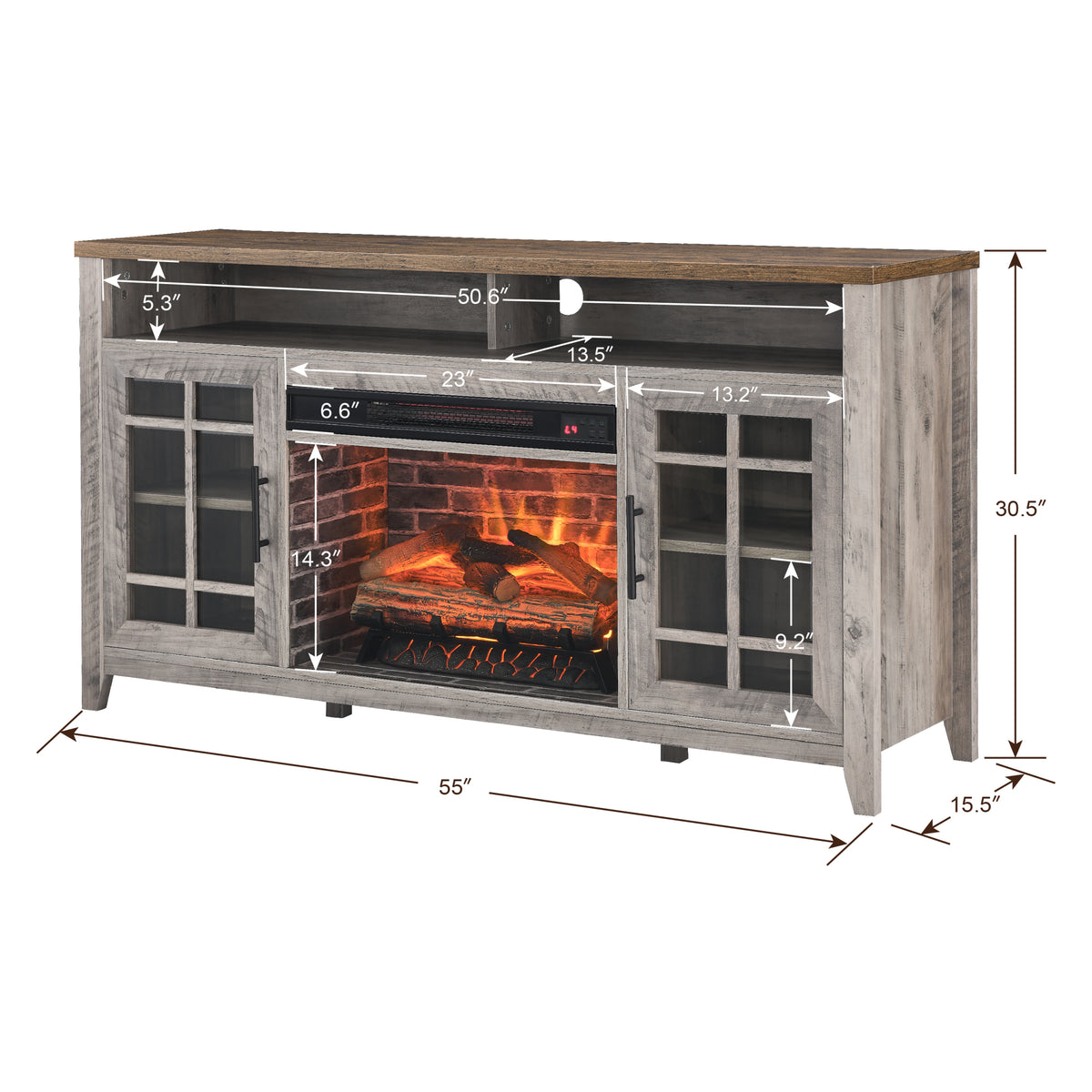 55 Inch Tv Media Stand With Electric Fireplace Kd Inserts Heater,Gray Wash Color Powder Coated Electric Gray Wash Vent Free Primary Living Space Yes Insert Temptered Glass Stainless Steel Mdf Electric