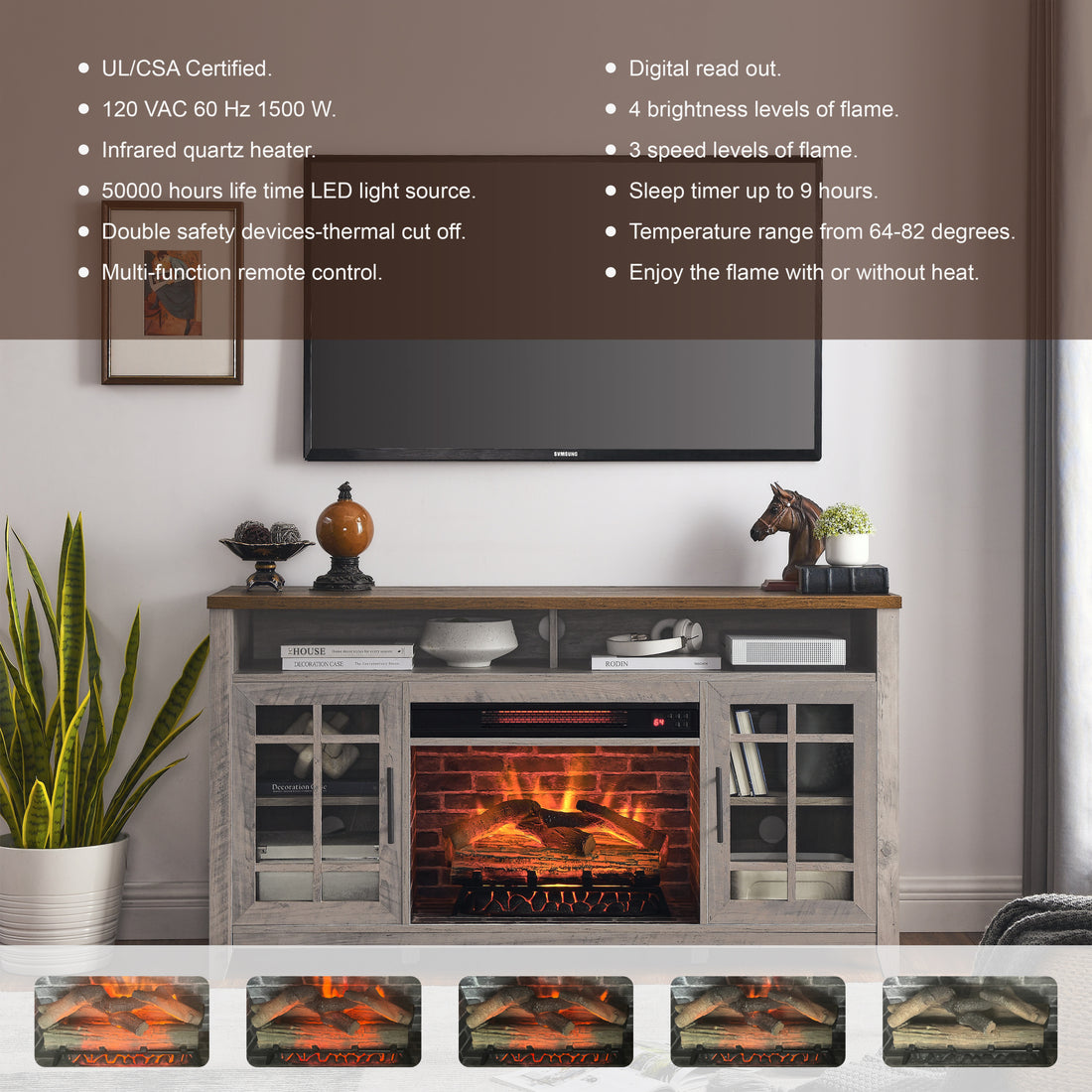 55 Inch Tv Media Stand With Electric Fireplace Kd Inserts Heater,Gray Wash Color Powder Coated Electric Gray Wash Vent Free Primary Living Space Yes Insert Temptered Glass Stainless Steel Mdf Electric