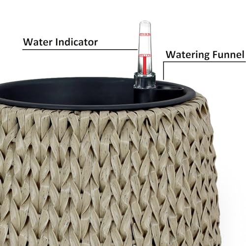 14.6" Self Watering Wicker Planter Garden Decoration Pot Beige Round Beige Rattan Metal