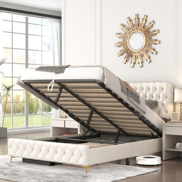 Full Platform Bed Frame With Pneumatic Hydraulic Function, Velvet Upholstered Bed With Deep Tufted Buttons, Lift Up Storage Bed With Hidden Underbed Oversized Storage, Beige Full Beige Velvet
