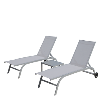 Chaise Lounge Outdoor Set Of 3, Lounge Chairs For Outside With Wheels, Outdoor Lounge Chairs With 5 Adjustable Position, Pool Lounge Chairs For Patio, Beach Grey,2 Lounge Chairs 1 Table Grey Aluminium