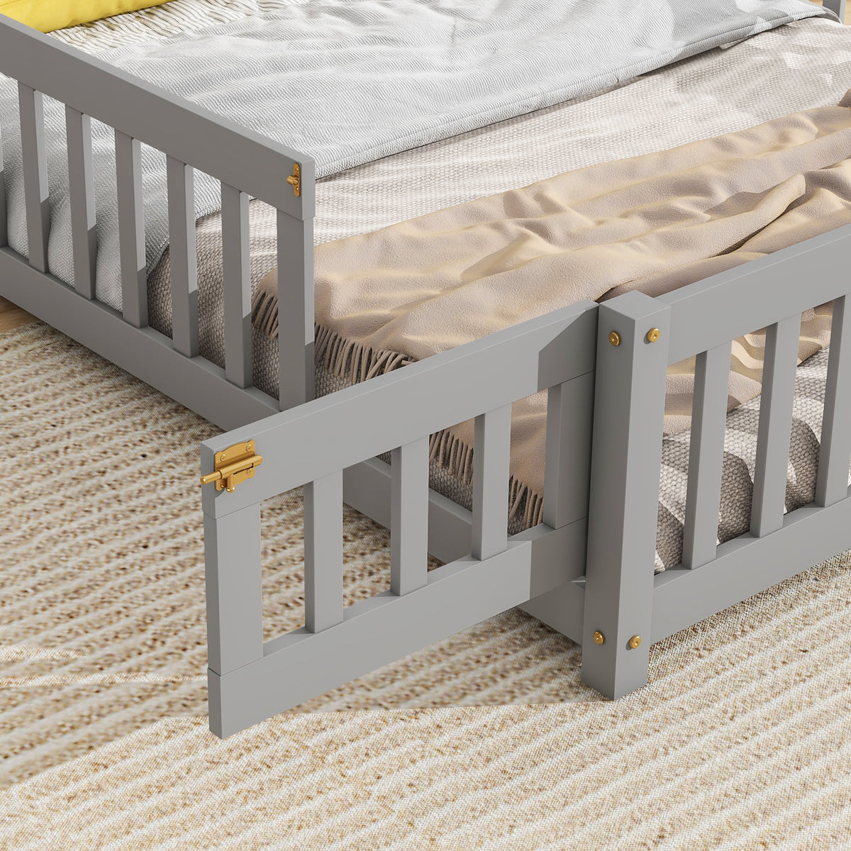 Full House Shaped Headboard Floor Bed With Fence ,Grey Full Grey Wood Bedroom American Design Pine Bed Frame Pine