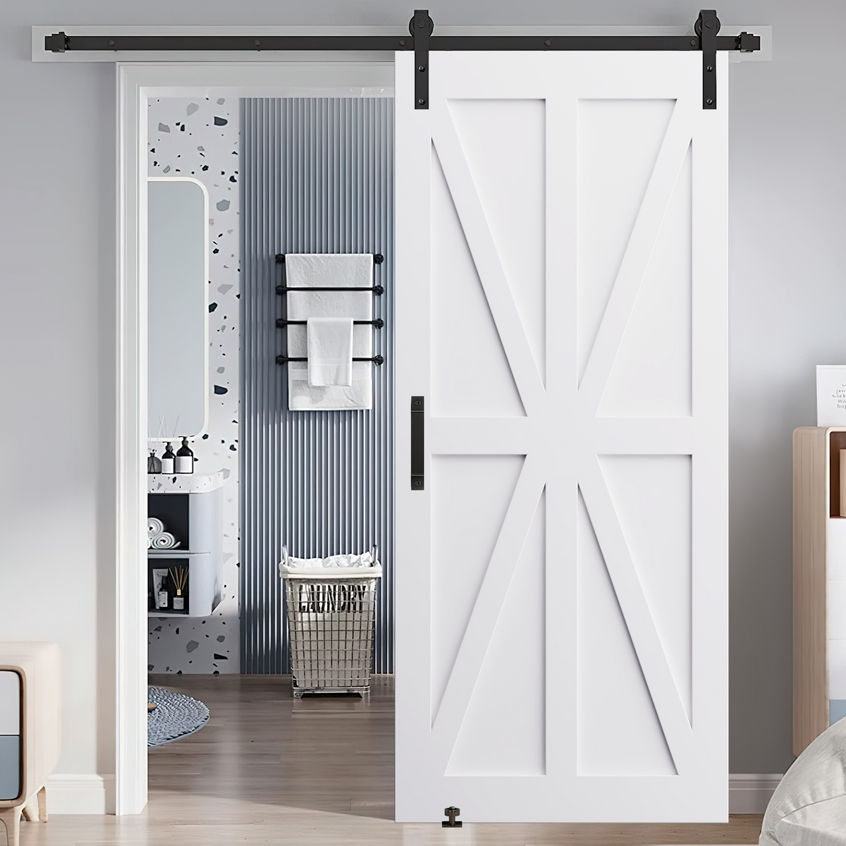 36" X 84" Star Style Real Primed Door Slab 6.6Ft Barn Door Sliding Hardware Adjustable Floor Guider Pull Handle, Diy Unfinished Paneled Door, Modern Interior Barn Door, Moisture Proof White Mdf