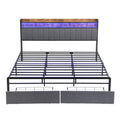 King Bed Frames With Storage Headboard And Drawers, Led Platform Bed Frame King Size, Led Upholstered Bed Frame With Charging Station, No Box Spring Needed, Easy Assembly, Grey Box Spring Not Required King Gray Metal Bedroom Bed Frame Mdf Metal