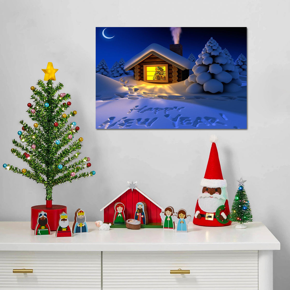 Framed Canvas Wall Art Decor Painting For Year, Happy Year On Snow Gift Painting For Year Gift, Decoration For Chrismas Eve Office Living Room, Bedroom Decor Ready To Han Rectangle Framed Multicolor