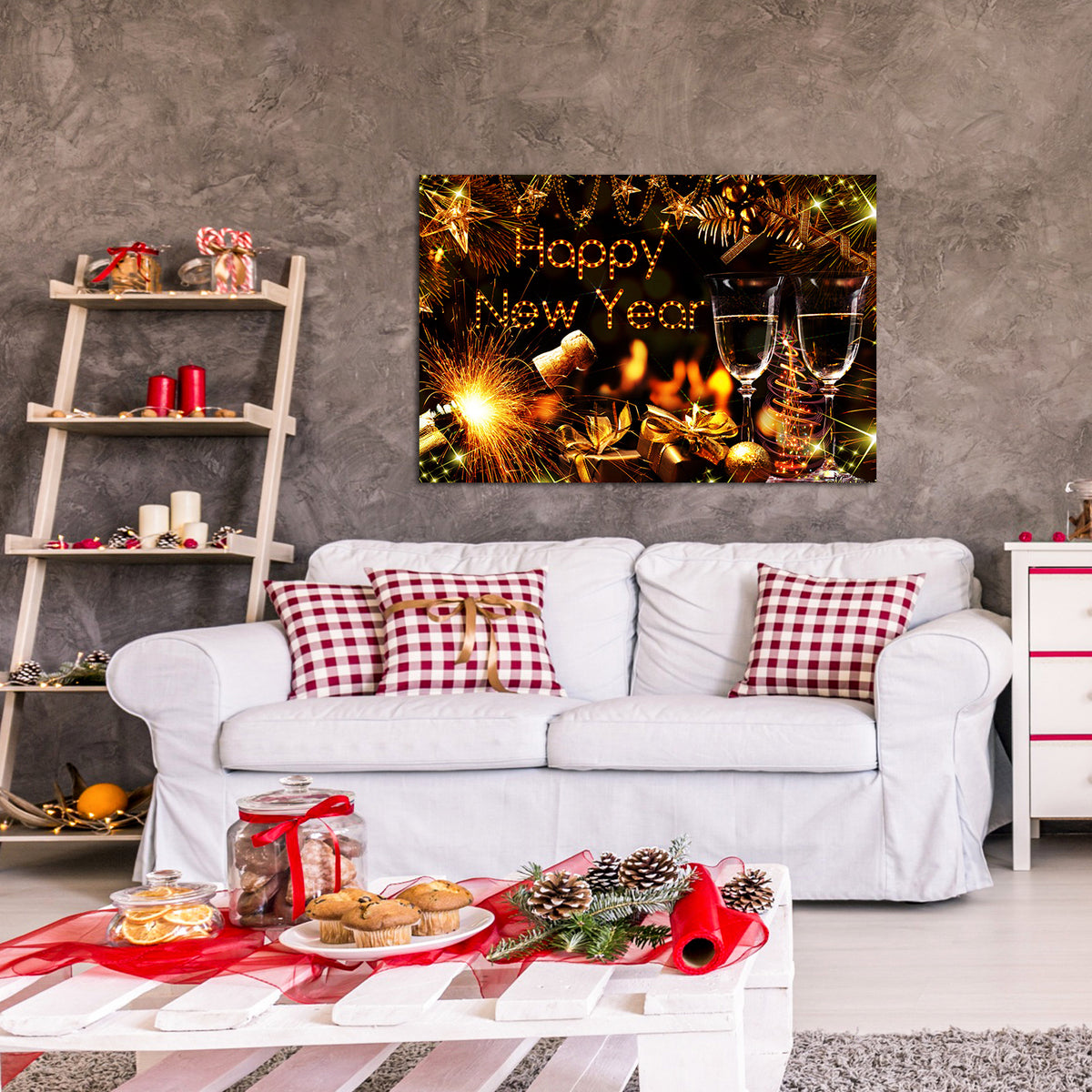 1Pcs Framed Canvas Wall Art Decor Painting For Year, Golden Happy Year Bless Champagne Gift Painting For Year Gift, Decoration For Chrismas Eve Office Living Room 2418In Thickness 1.5Inch Rectangle Framed Multicolor Year'S Oversized 41In Canvas Cultures