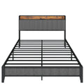 Queen Size Bed Frame With Charging Station, Upholstered Headboard, Metal Platform, Grey Box Spring Not Required Queen Dark Gray Metal Bedroom Bed Frame Upholstered Linen Metal