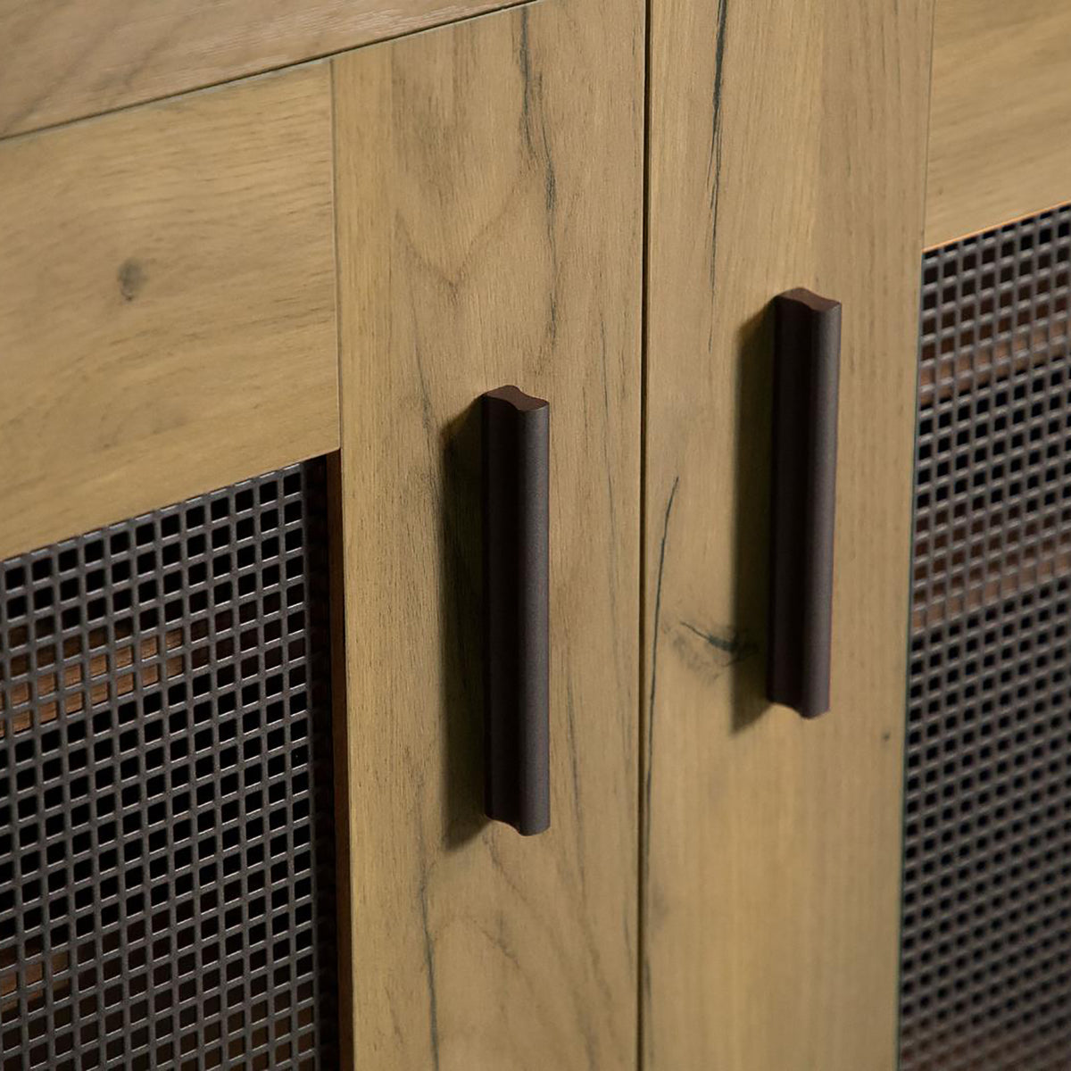 Golden Oak And Black Mesh Door Accent Cabinet Standard 5 Or More Shelves Oak Brown Light Brown Primary Living Space Adjustable Shelves Farmhouse,Rustic Wood