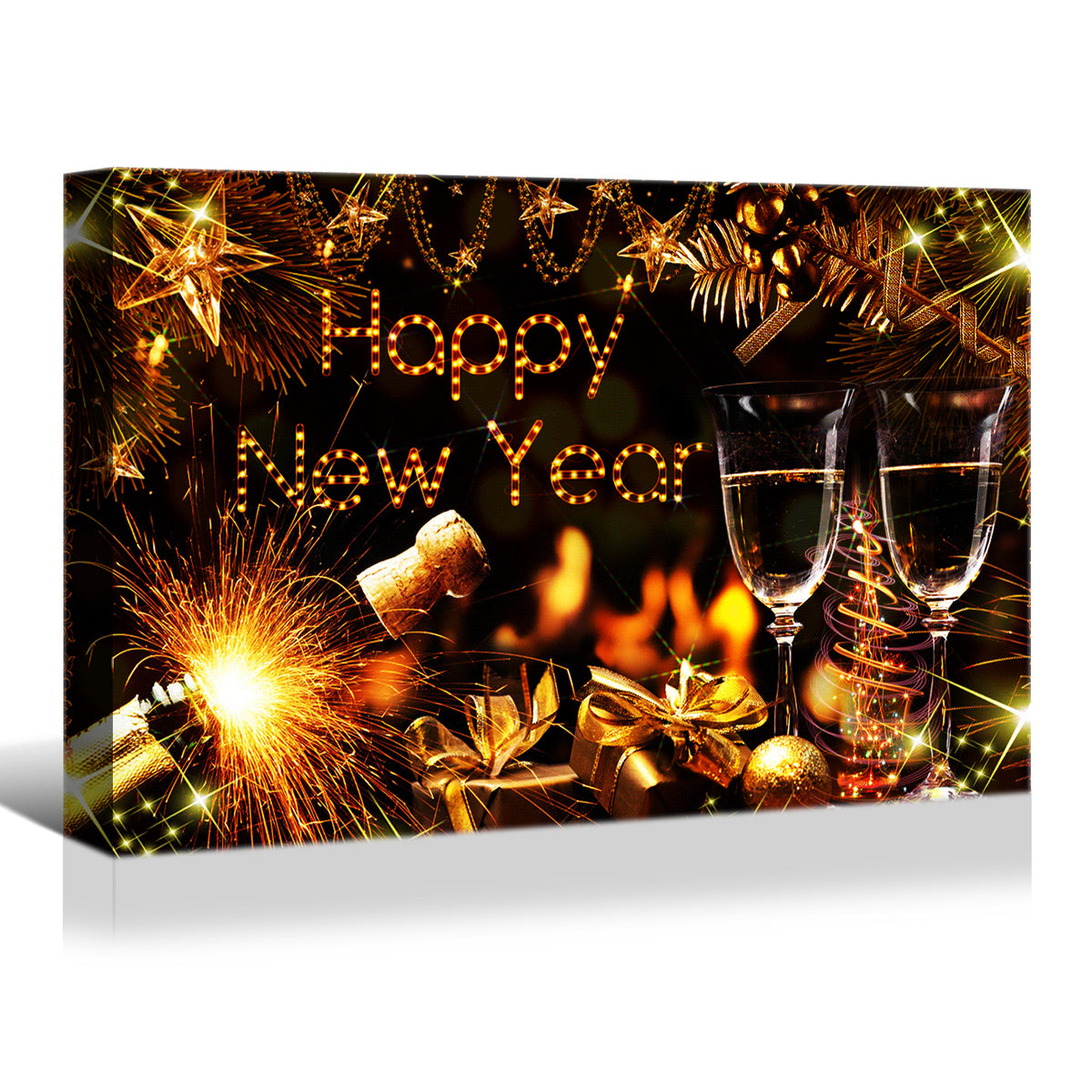 1Pcs Framed Canvas Wall Art Decor Painting For Year, Golden Happy Year Bless Champagne Gift Painting For Year Gift, Decoration For Chrismas Eve Office Living Room 3624In Thickness 1.5Inch Rectangle Framed Multicolor Year'S Oversized 41In Canvas Cultures