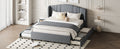 Upholstered Platform Bed With Wingback Headboard, One Twin Trundle And 2 Drawers, No Box Spring Needed, Linen Fabric, Queen Size Gray Gray Linen