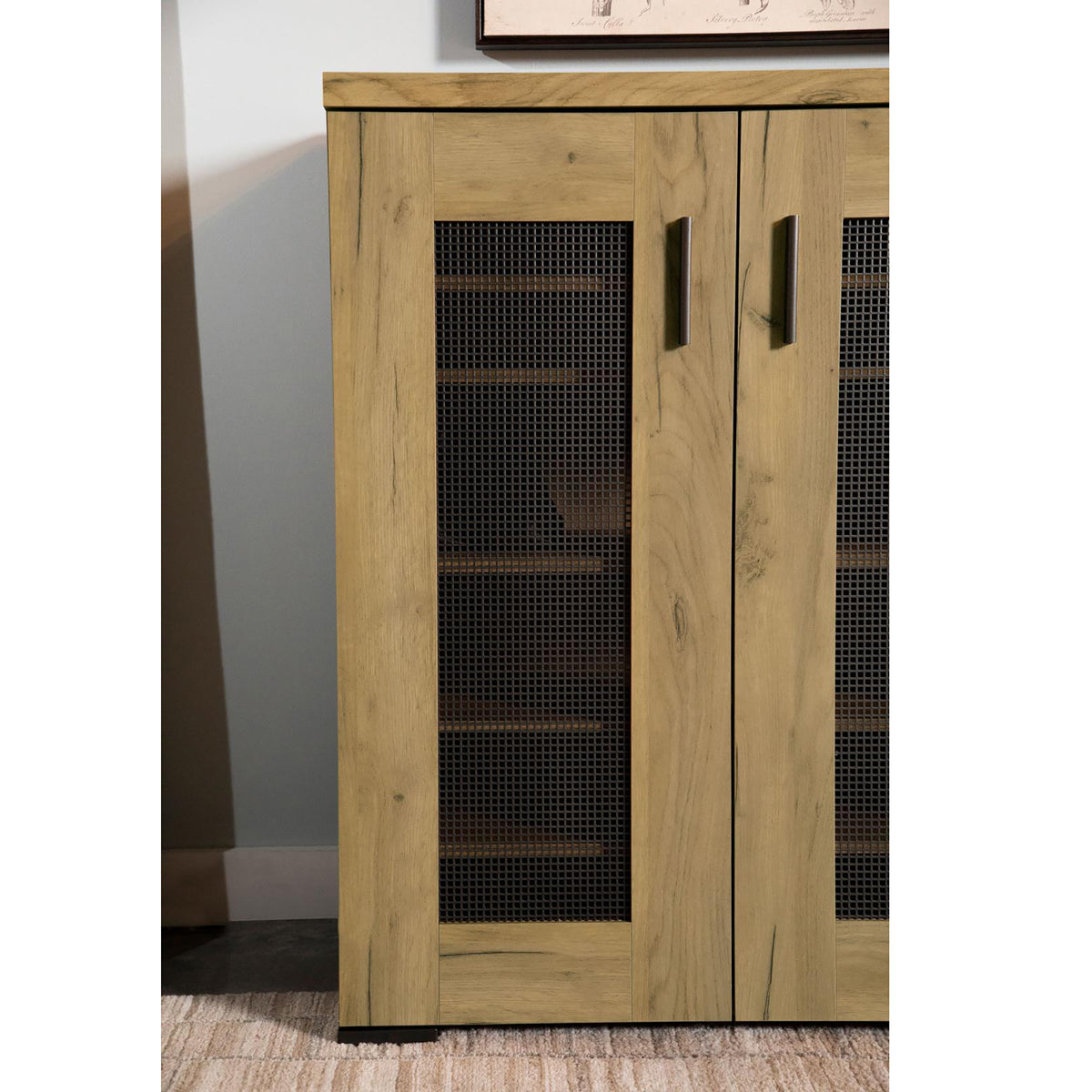 Golden Oak And Black Mesh Door Accent Cabinet Standard 5 Or More Shelves Oak Brown Light Brown Primary Living Space Adjustable Shelves Farmhouse,Rustic Wood