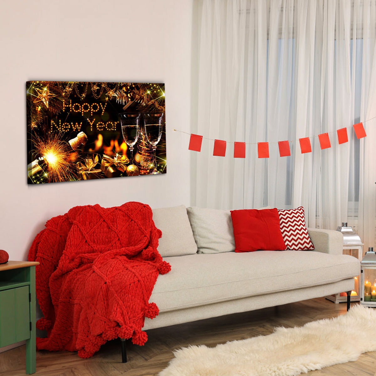1Pcs Framed Canvas Wall Art Decor Painting For Year, Golden Happy Year Bless Champagne Gift Painting For Year Gift, Decoration For Chrismas Eve Office Living Room 2418In Thickness 1.5Inch Rectangle Framed Multicolor Year'S Oversized 41In Canvas Cultures