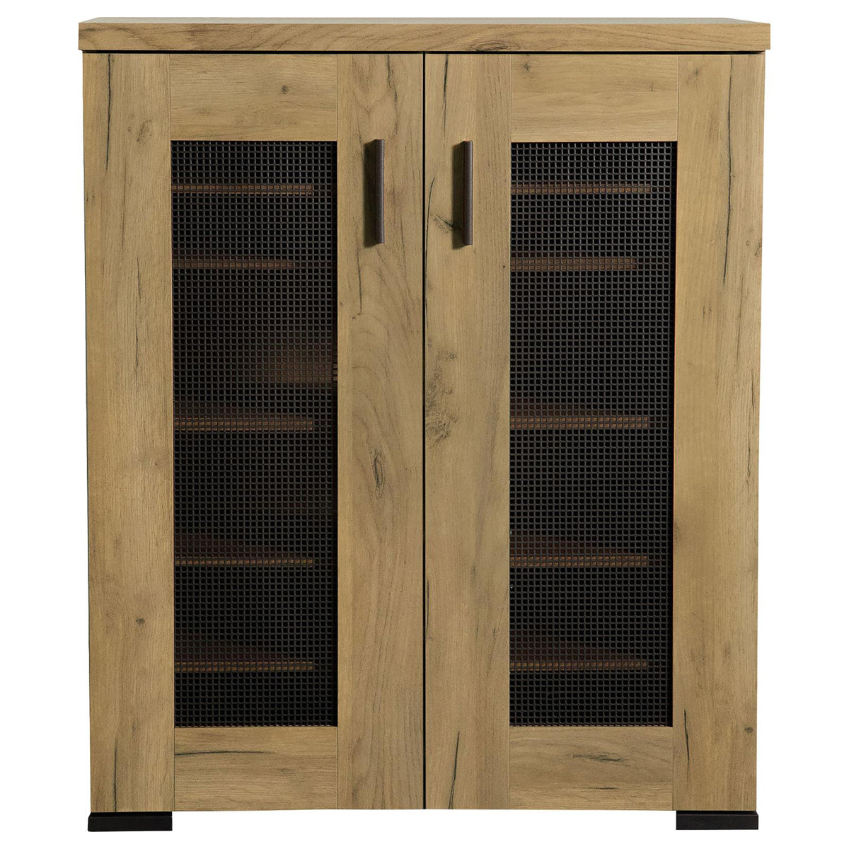 Golden Oak And Black Mesh Door Accent Cabinet Standard 5 Or More Shelves Oak Brown Light Brown Primary Living Space Adjustable Shelves Farmhouse,Rustic Wood