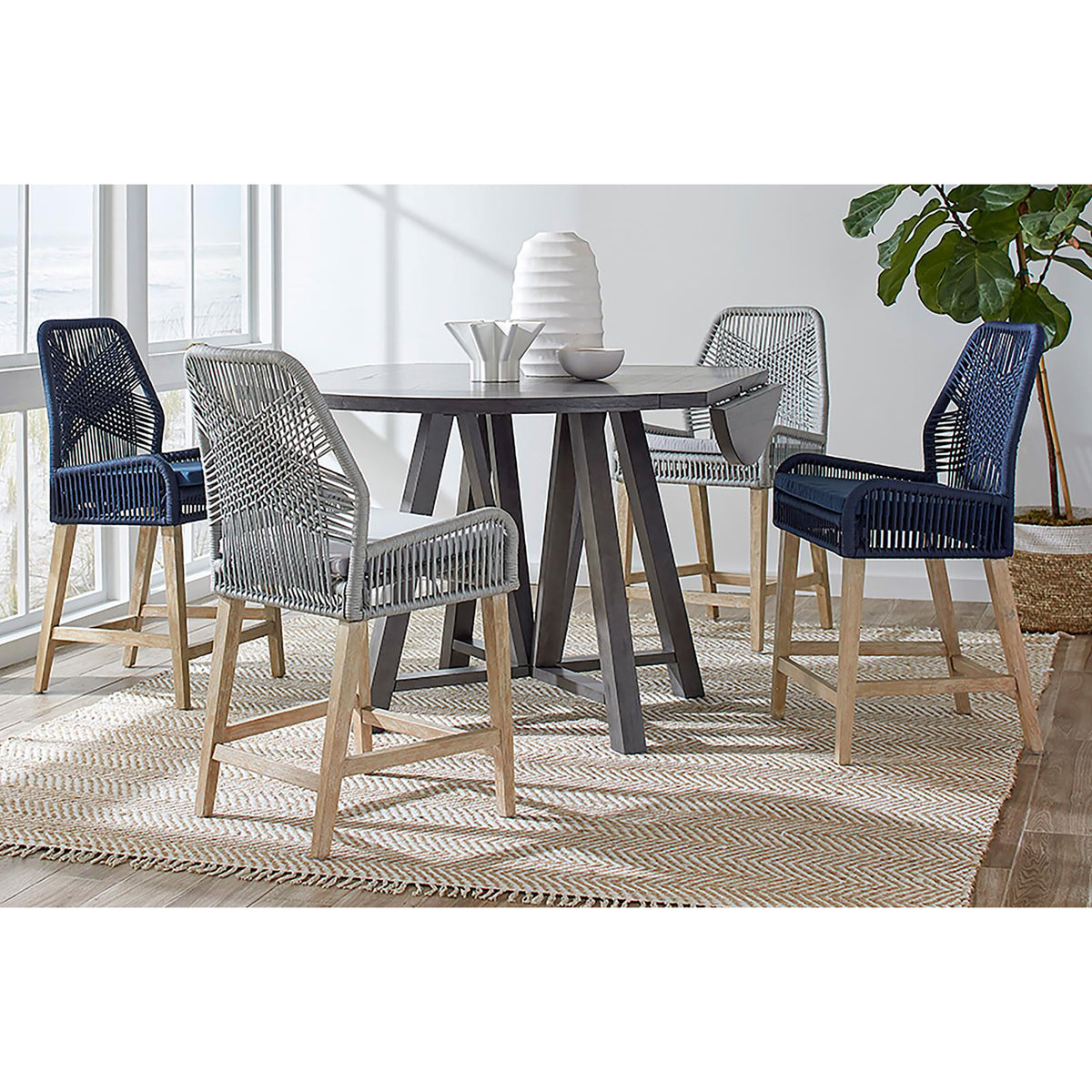 Dark Blue And Weathered Wash Counter Height Stools Set Of 2 Solid Blue Light Brown Dining Room Foam Wipe Clean Coastal Dining Chairs Mahogany Open Back Woven Rope