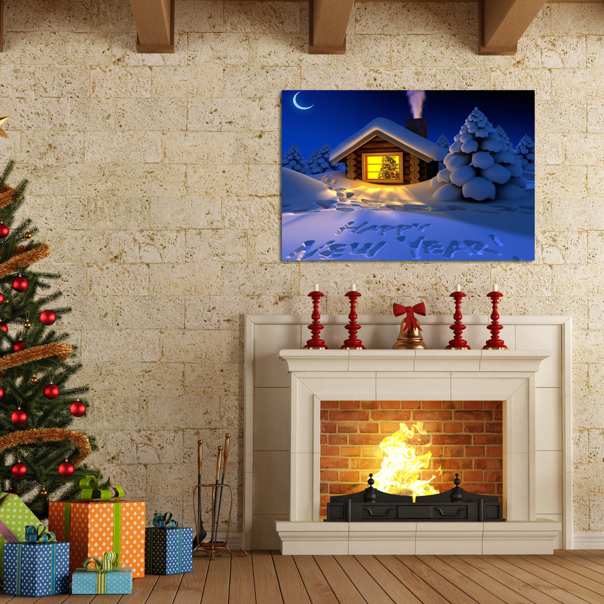 Framed Canvas Wall Art Decor Painting For Year, Happy Year On Snow Gift Painting For Year Gift, Decoration For Chrismas Eve Office Living Room, Bedroom Decor Ready To Han Rectangle Framed Multicolor