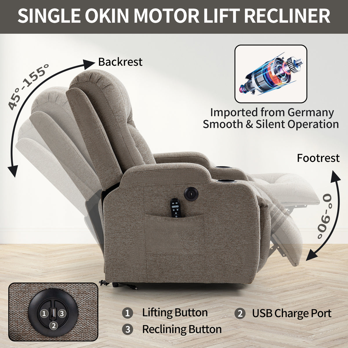 Infinite Position Single Motor Up To 350 Lbs Power Lift Recliner Chair For Elderly, Heavy Duty Motion Mechanism With 8 Point Vibration Massage And Lumbar Heating, Usb Charging Port, Cup Holders, Brown White Metal Primary Living Space Heavy Duty Pine