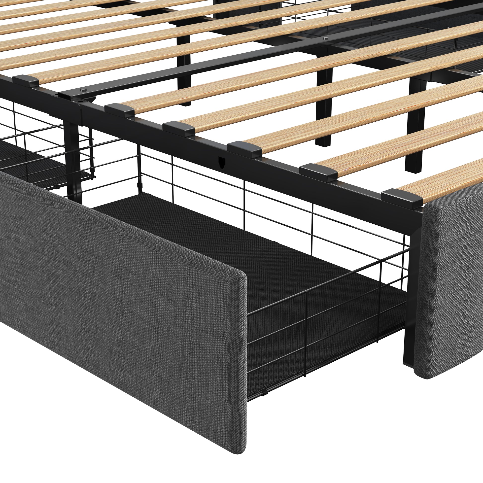 Full Size Bed Frame With Led, 4 Under Bed Portable Storage Drawers, Wings Headboard Design, Dark Grey Box Spring Not Required Full Dark Grey Metal Bedroom Bed Frame Upholstered Linen Upholstered