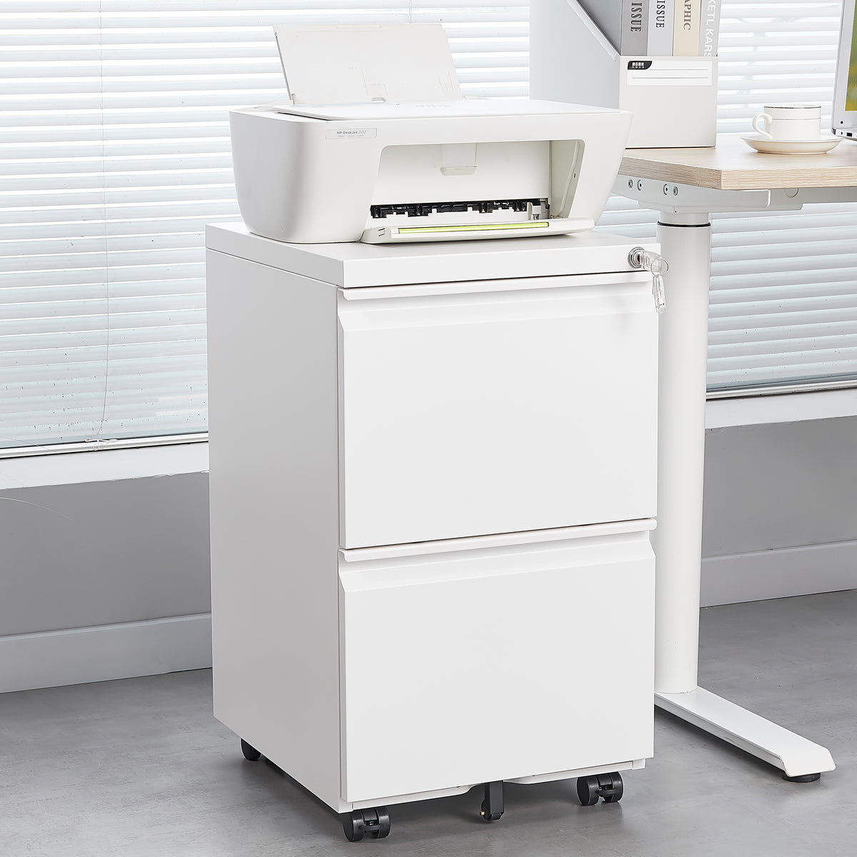 Metal 2 Drawer Mobile File Cabinet With Lock, Under Desk Office Steel Filing Cabinet, 25.6''H Legal Letter Size Files Storage Cabinet,White Filing Cabinets 1 2 Drawers White Office Mobile Steel