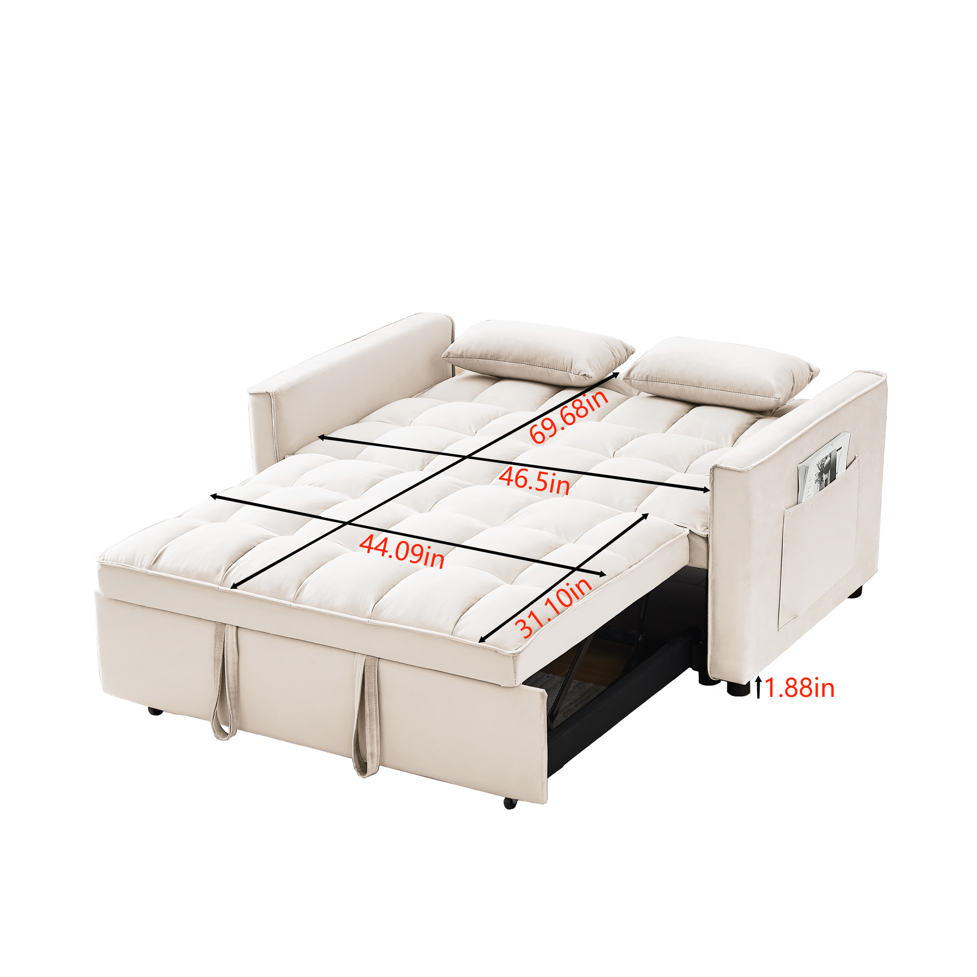 Modern Velvet Loveseat Futon Sofa Couch W Pullout Bed,Small Beautiful Seat Lounge Sofa W Reclining Backrest,Toss Pillows, Pockets,Furniture For Living Room,3 In 1 Convertible Sleeper Sofa Bed, Creamy White Creamy White Light Brown Velvet Wood Primary
