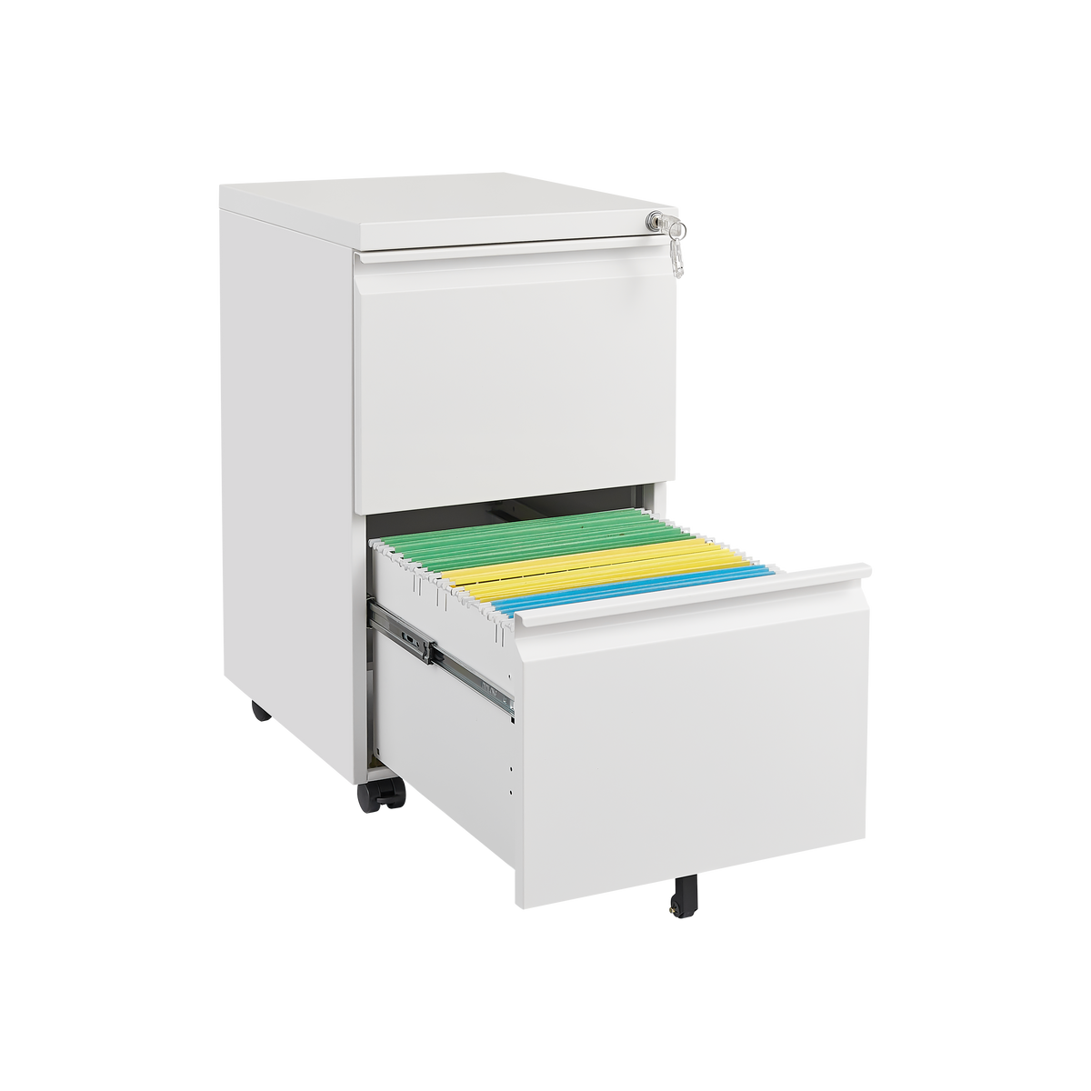 Metal 2 Drawer Mobile File Cabinet With Lock, Under Desk Office Steel Filing Cabinet, 25.6''H Legal Letter Size Files Storage Cabinet,White Filing Cabinets 1 2 Drawers White Office Mobile Steel