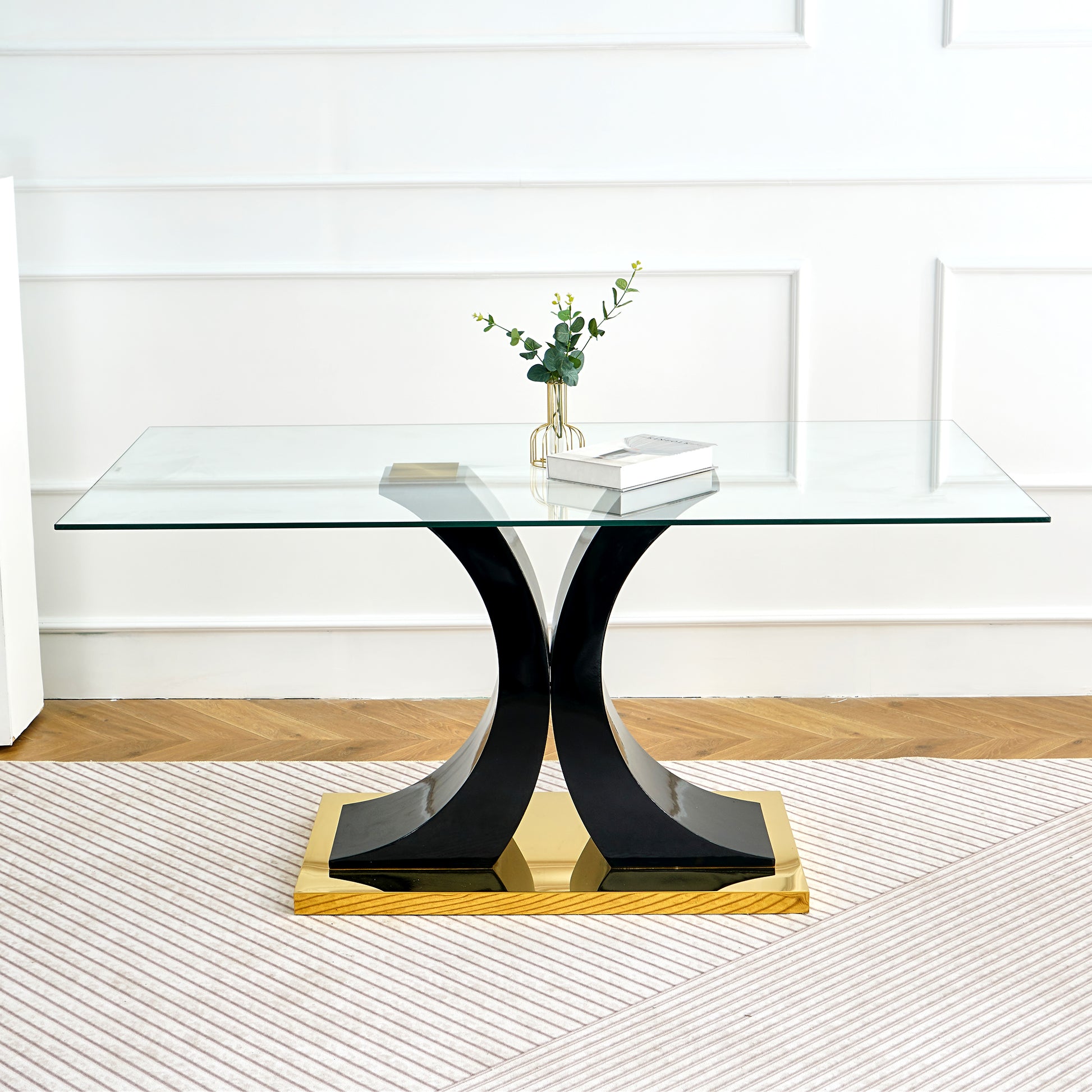 Modern Style Glass Dining Table, Elegant Transparent Design, Solid Support Base, White Dining Chair Set, Gold Plated Legs, Suitable For Restaurant Kitchen Use Set Of 5 White Gold Seats 4 Mdf Glass