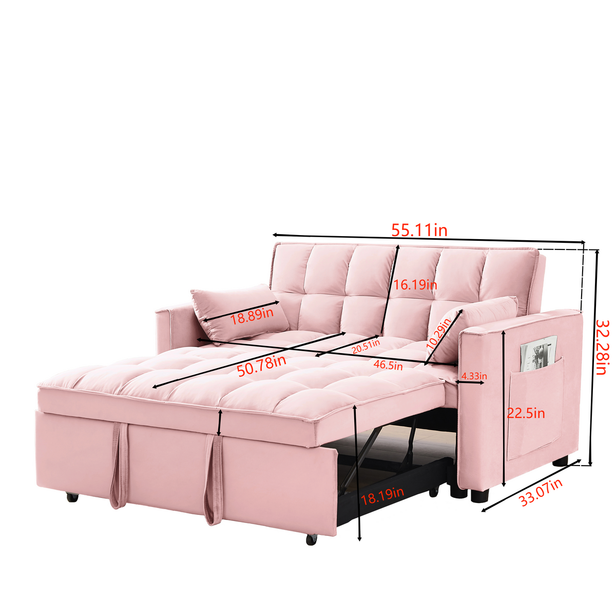 Modern Velvet Loveseat Futon Sofa Couch W Pullout Bed,Small Beautiful Seat Lounge Sofa W Reclining Backrest,Toss Pillows, Pockets,Furniture For Living Room,3 In 1 Convertible Sleeper Sofa Bed, Pink Pink Light Brown Velvet Wood Primary Living Space Medium