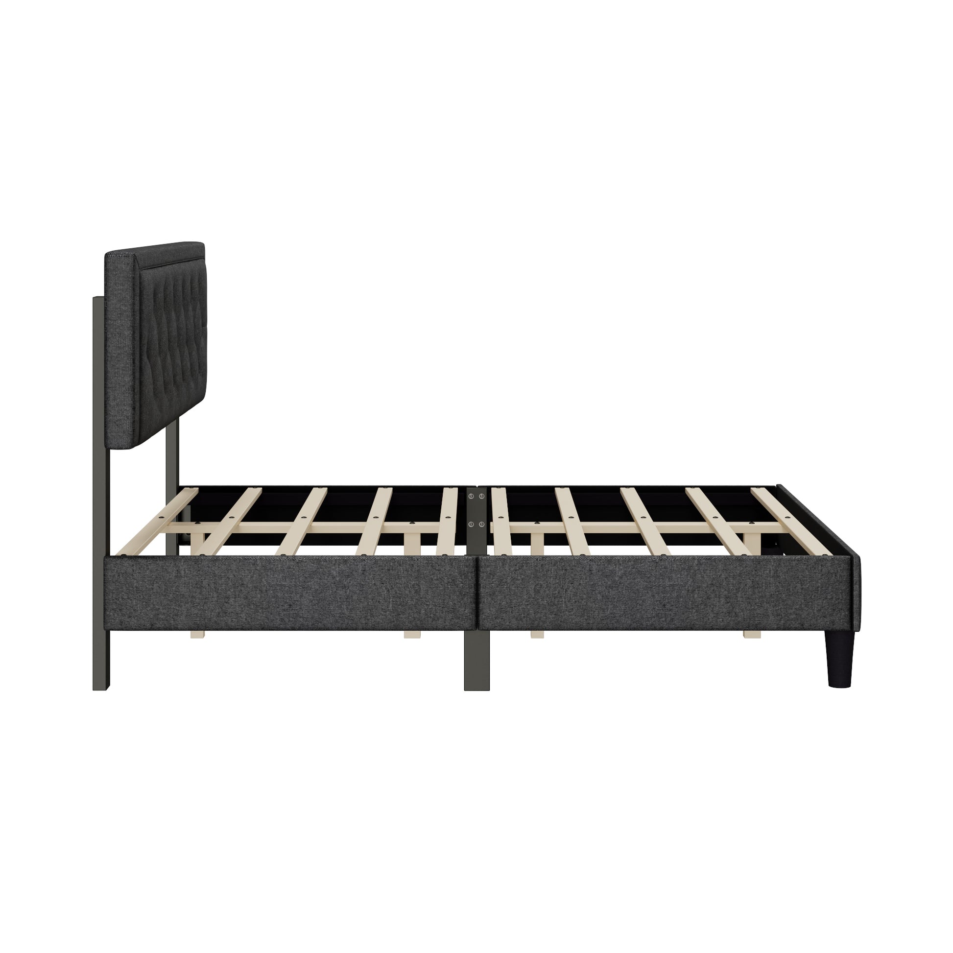 Full Size Panel Bed Frame With Adjustable Button Tufted Headboard For Bedroom Linen Upholstered Wood Slat Support Easy Assembly,Dark Grey Dark Grey Wood