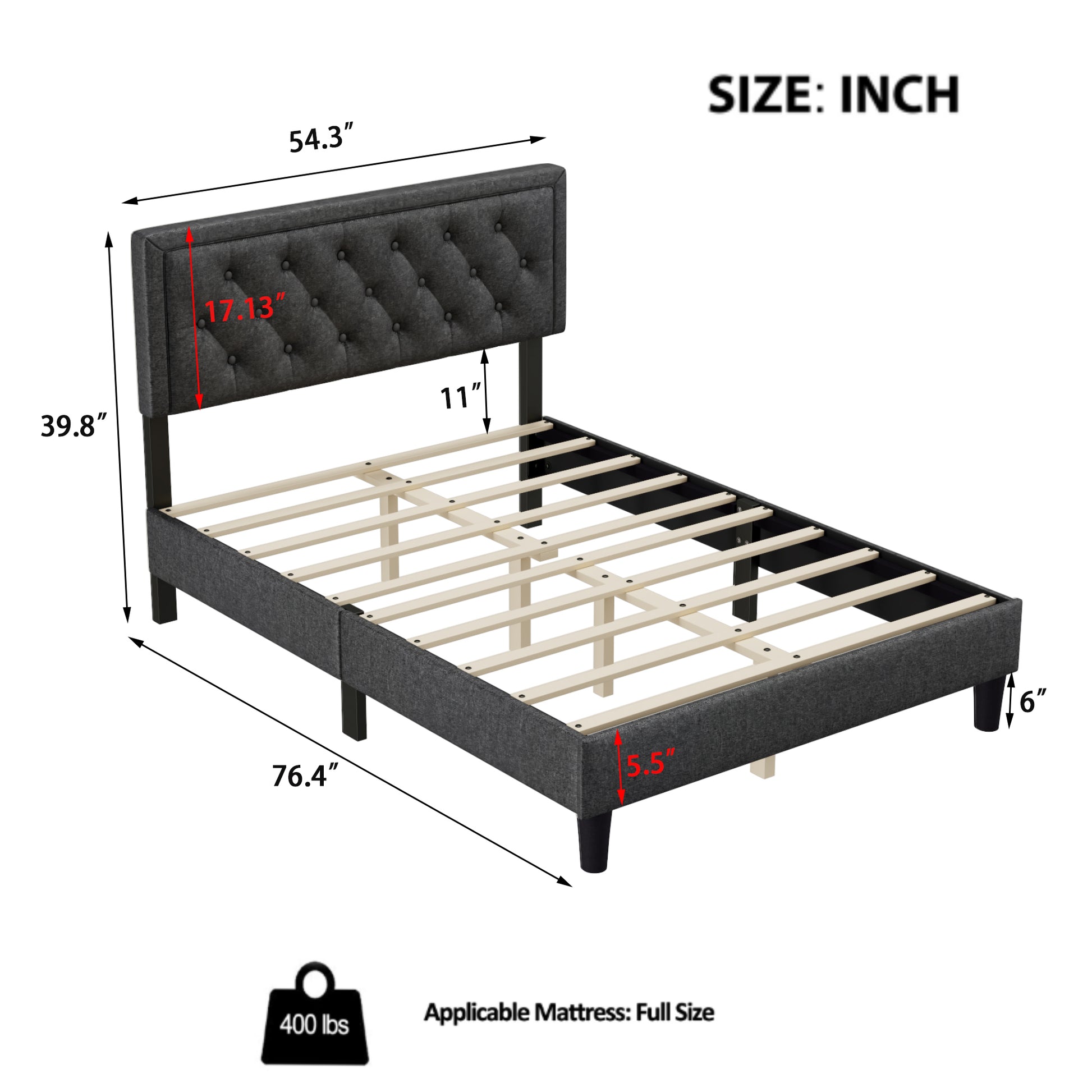 Full Size Panel Bed Frame With Adjustable Button Tufted Headboard For Bedroom Linen Upholstered Wood Slat Support Easy Assembly,Dark Grey Dark Grey Wood