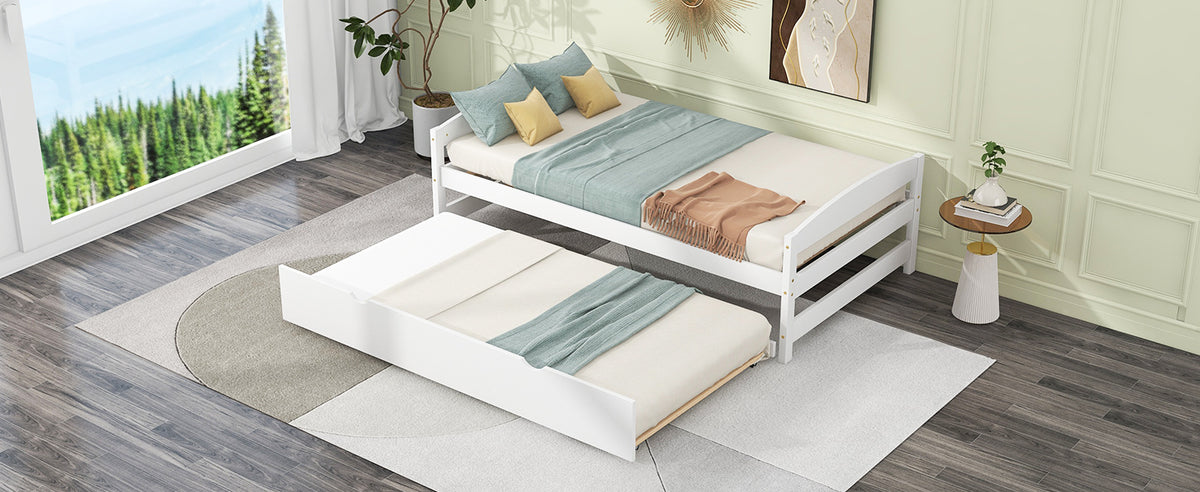 Twin Size Platform Bed With Twin Size Trundle, White Box Spring Not Required Twin White Wood Bedroom Pine
