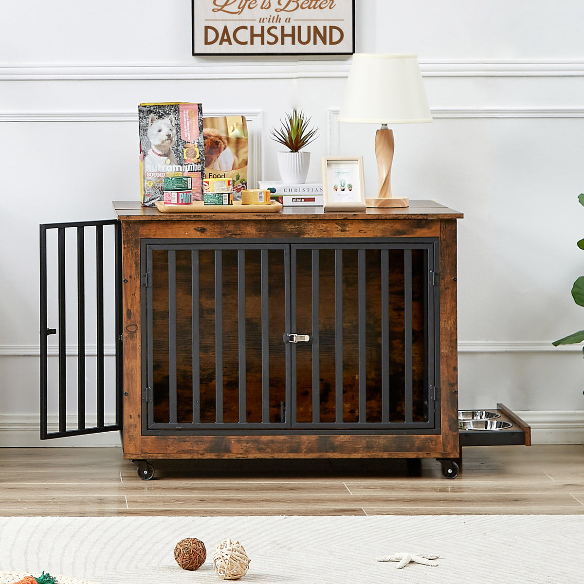 Furniture Style Dog Crate Side Table With Feeding Bowl, Wheels, Three Doors, Flip Up Top Opening. Indoor, Rustic Brown, 38.58"W X 25.2"D X 27.17"H Rustic Brown Particle Board