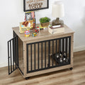 Furniture Style Dog Crate Side Table With Feeding Bowl, Wheels, Three Doors, Flip Up Top Opening. Indoor, Grey, 38.58