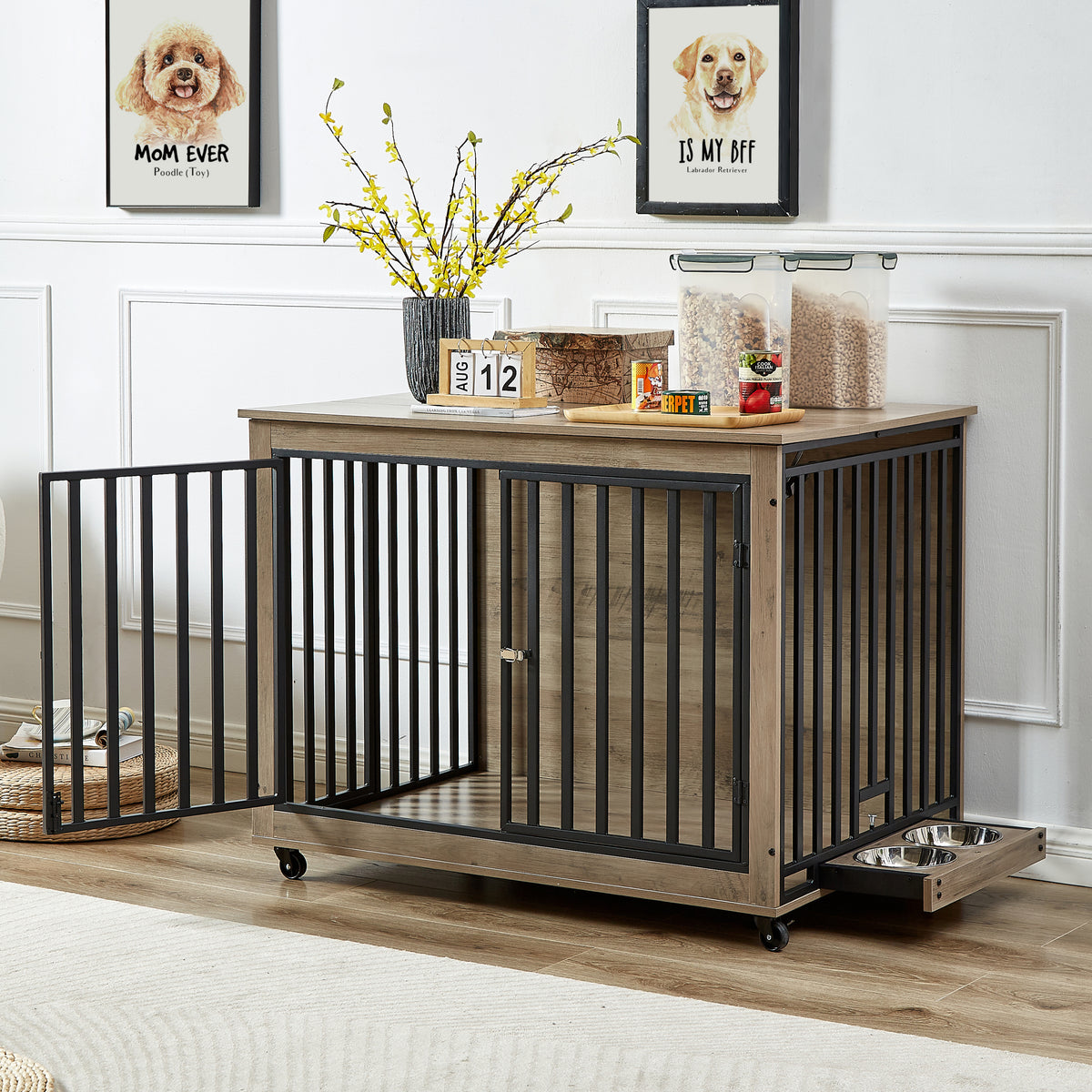 Furniture Style Dog Crate Side Table With Feeding Bowl, Wheels, Three Doors, Flip Up Top Opening. Indoor, Grey, 43.7"W X 30"D X 33.7"H Grey Particle Board