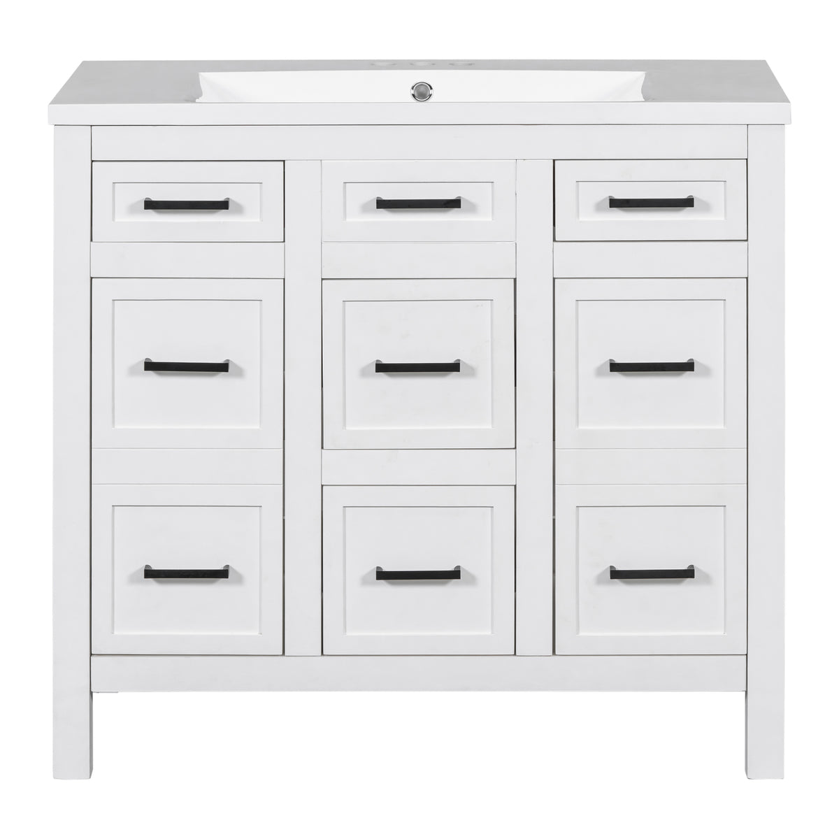 36" Bathroom Vanity Cabinet With Resin Integrated Sink 4 Drawers, 2 Doors White Solid Wood Mdf Resin