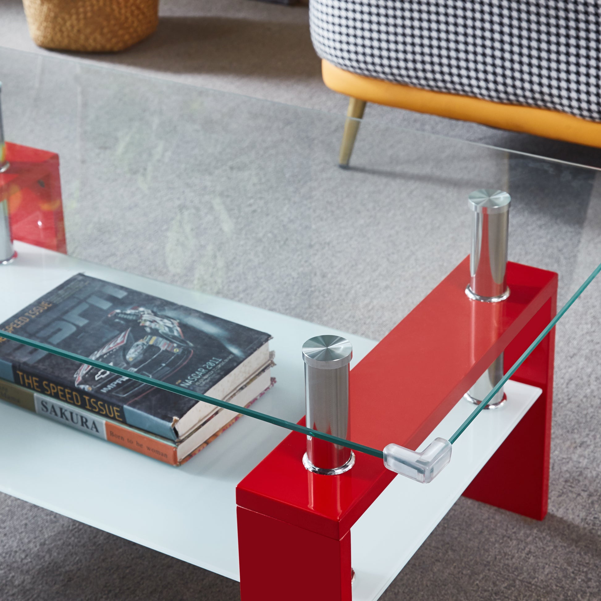 Artisan Rectangle Coffee Table, Double Layer Lower Shelf Storage For Living Spaces, Red Red Mdf