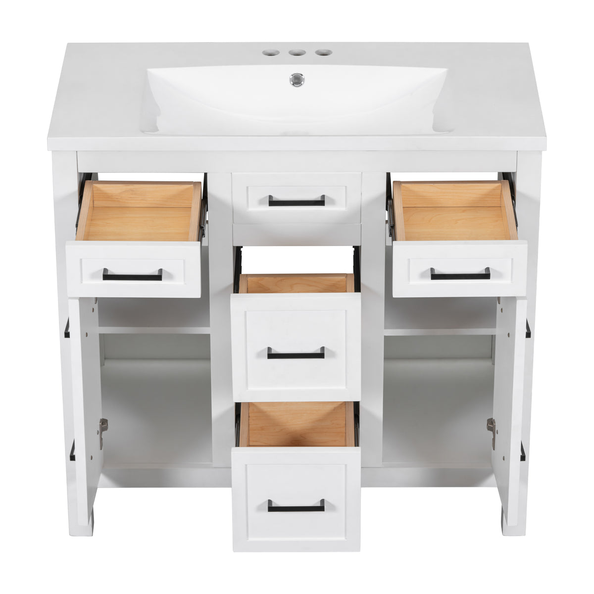 36" Bathroom Vanity Cabinet With Resin Integrated Sink 4 Drawers, 2 Doors White Solid Wood Mdf Resin