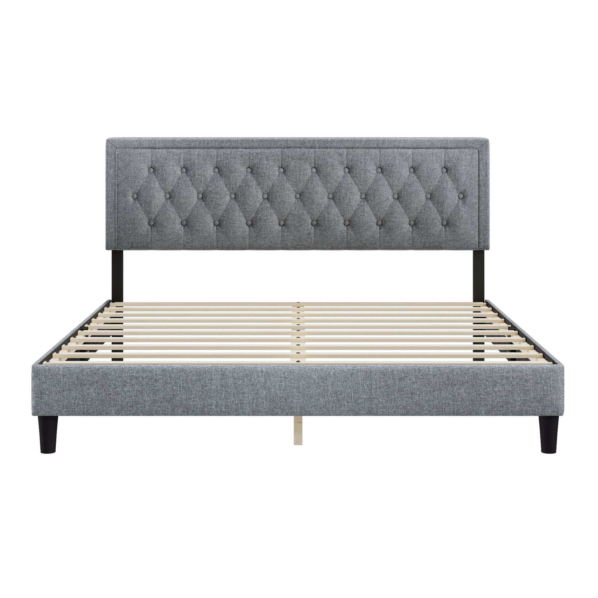 King Size Panel Bed Frame With Adjustable Button Tufted Headboard For Bedroom Linen Upholstered Wood Slat Support Easy Assembly,Light Grey Light Gray Wood