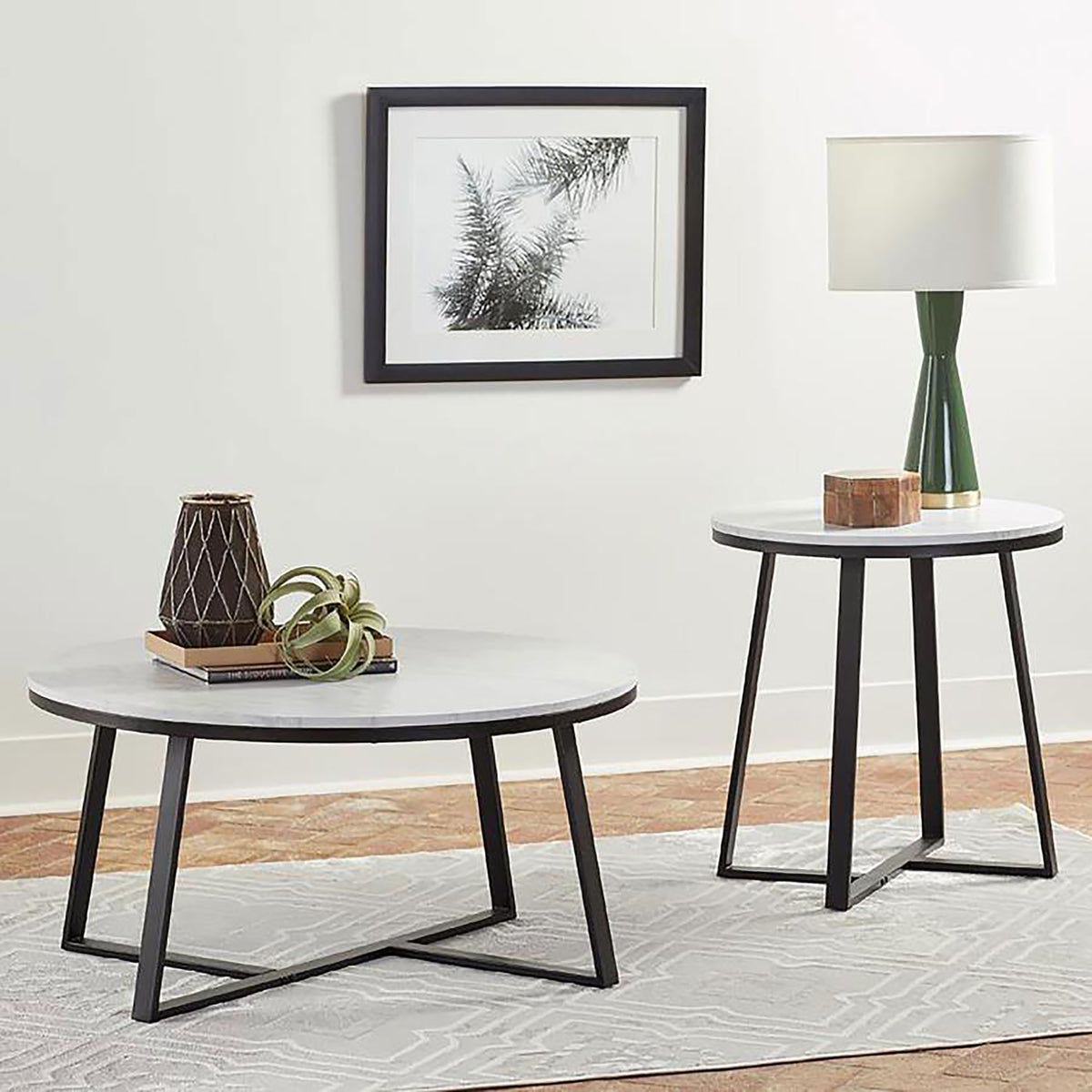 White Faux Marble And Matte Black Coffee Table White Primary Living Space Contemporary,Modern Round Coffee & End Tables Wood Trestle