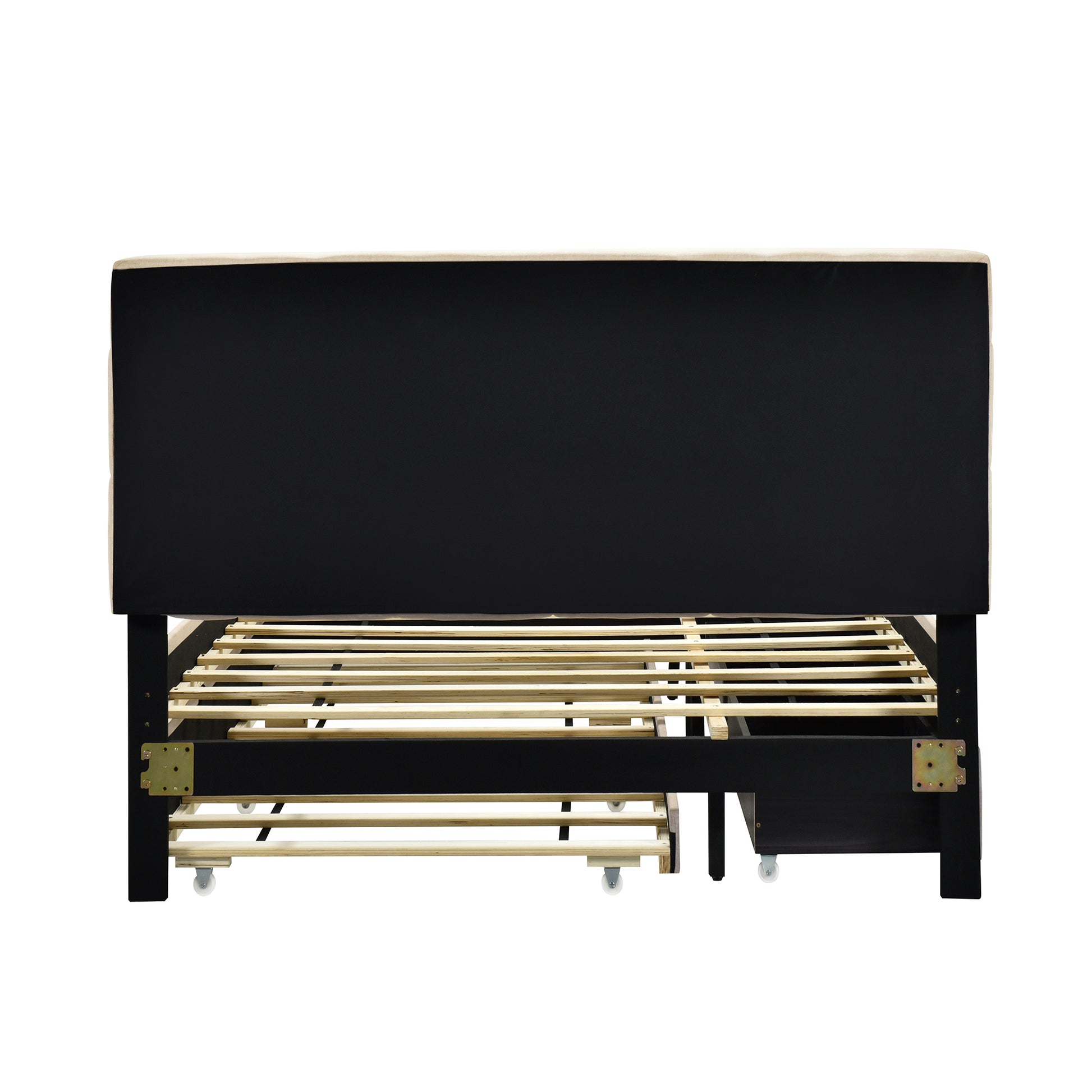 Queen Size Upholstered Platform Bed With Led Frame, With Twin Xl Size Trundle And 2 Drawers, Linen Fabric, Beige Beige Linen