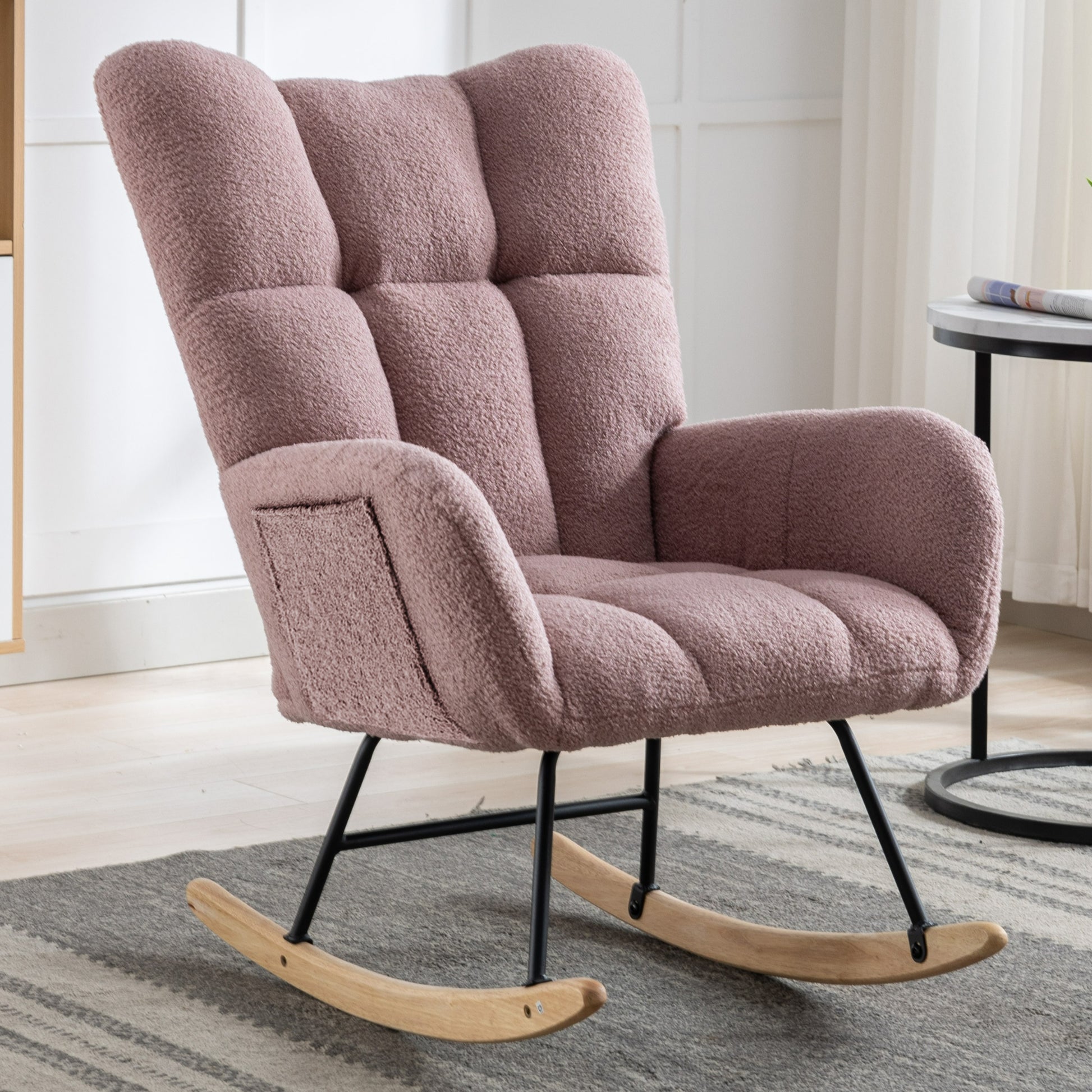 Rocking Chair With Pocket, Soft Teddy Fabric Rocking Chair For Nursery, Comfy Wingback Glider Rocker With Safe Solid Wood Base For Living Room Bedroom Balcony Pink Pink Casual Foam Teddy