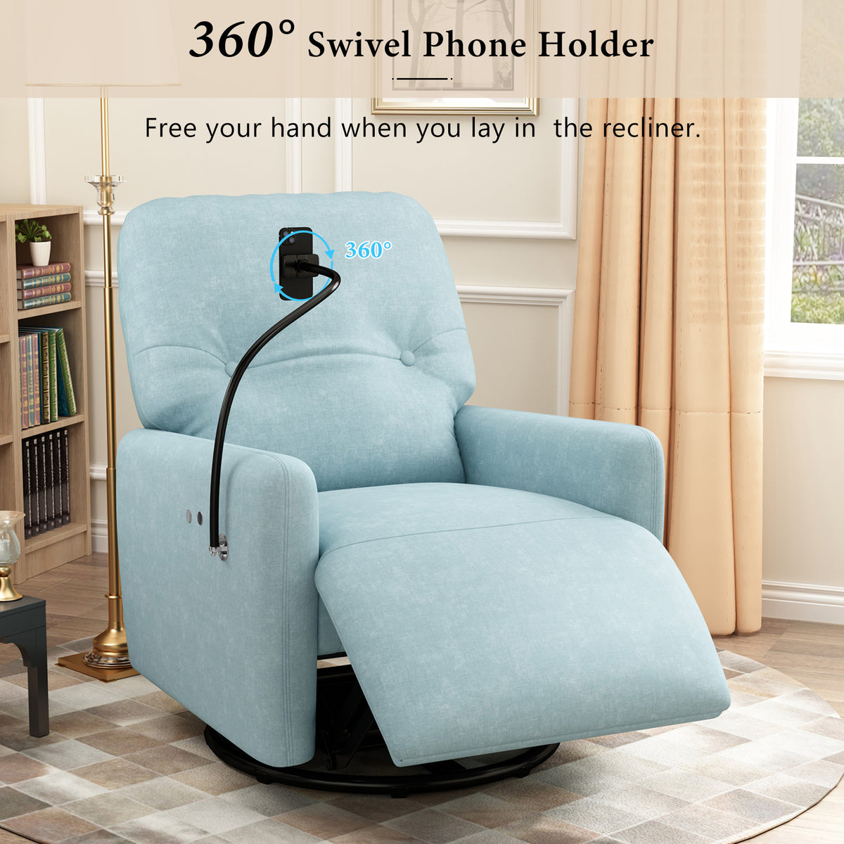 270 Degree Swivel Electric Recliner Home Theater Seating Single Reclining Sofa Rocking Motion Recliner With A Phone Holder For Living Room, Blue Blue Foam Polyester