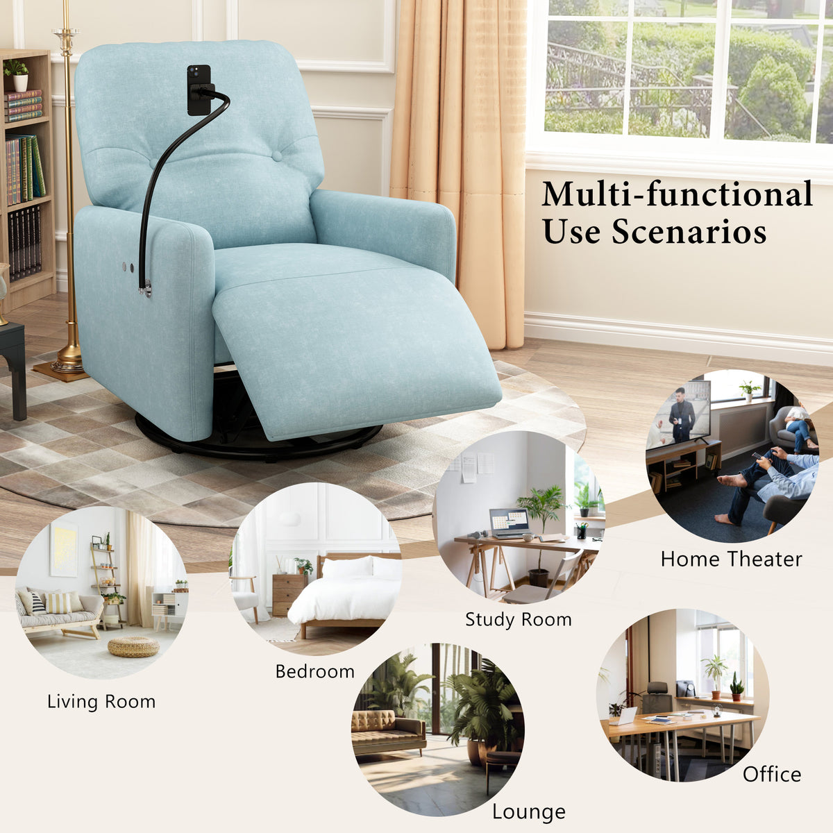 270 Degree Swivel Electric Recliner Home Theater Seating Single Reclining Sofa Rocking Motion Recliner With A Phone Holder For Living Room, Blue Blue Foam Polyester
