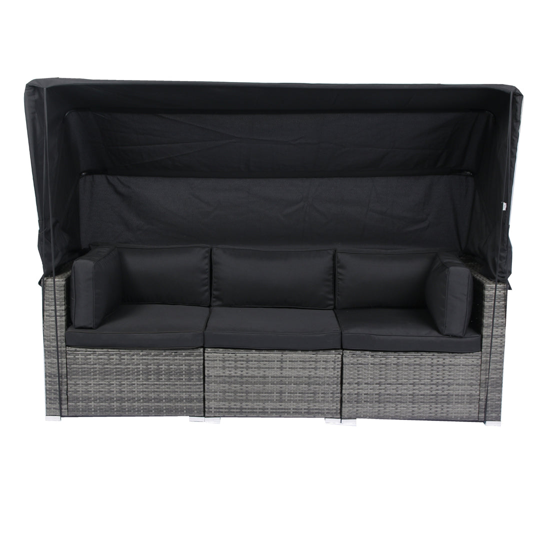 7 Piece Patio Furniture Set W Retractable Canopy Wicker Rattan Sectional Sofa Set Patio Furniture With Washable Cushions For Lawn, Garden, Backyard, Poolside Grey Wicker Black Cushion Yes Complete Patio Set Black Grey Rust Resistant Frame Mildew