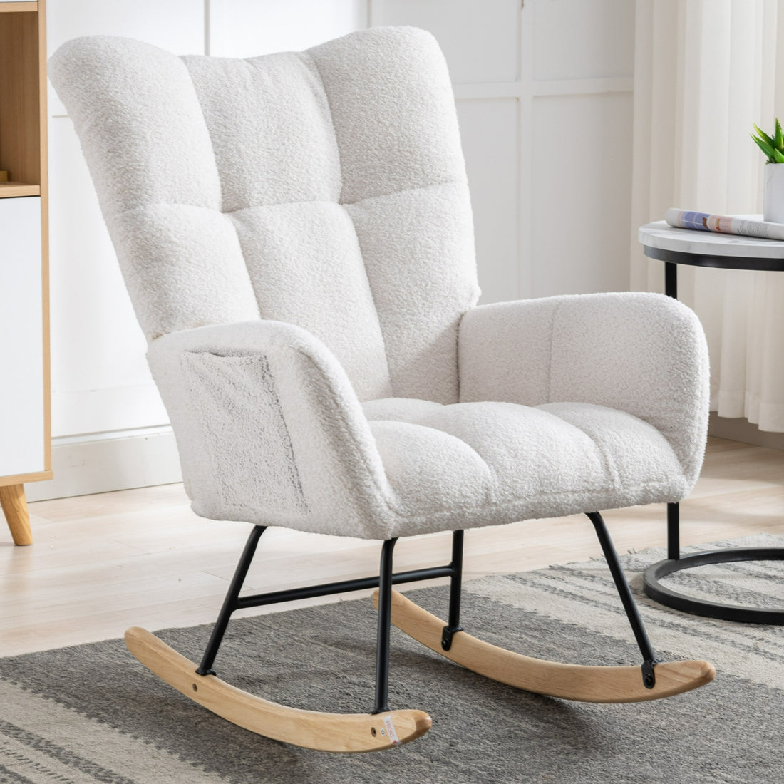 Rocking Chair With Pocket, Soft Teddy Fabric Rocking Chair For Nursery, Comfy Wingback Glider Rocker With Safe Solid Wood Base For Living Room Bedroom Balcony White White Casual Foam Teddy