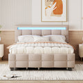 Queen Size Upholstered Platform Bed With Led Frame, With Twin Xl Size Trundle And 2 Drawers, Linen Fabric, Beige Beige Linen