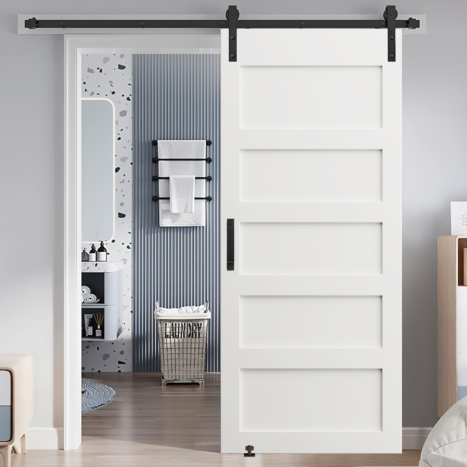 28" X 84" Five Grid Real Primed Door Slab, Diy Panel Door, Modern Interior Barn Door, Water Proof, Anti Deformation, Pre Drilled Ready To Assemble, Suitable For Pre Hung Door And Barn Door White Mdf