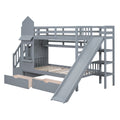 Twin Over Twin Castle Style Bunk Bed With 2 Drawers 3 Shelves And Slide Gray Gray Solid Wood