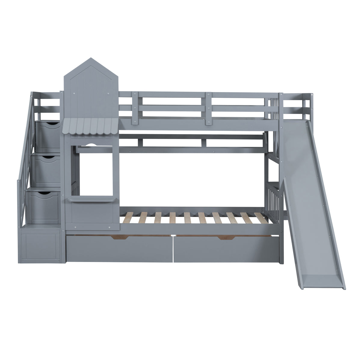 Twin Over Twin Castle Style Bunk Bed With 2 Drawers 3 Shelves And Slide Gray Gray Solid Wood