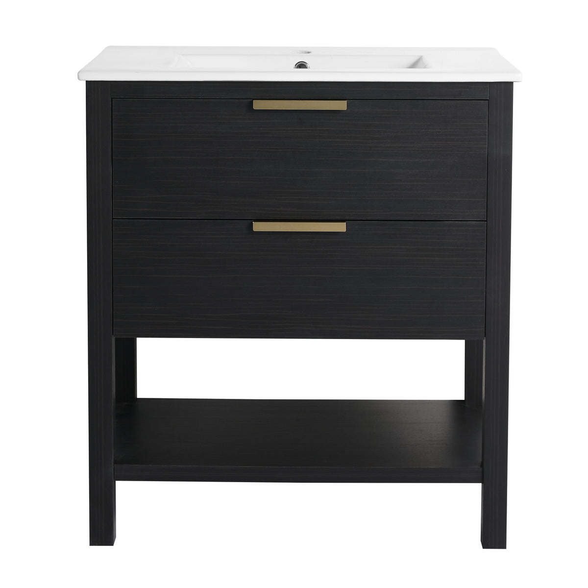 30 Inch Bathroom Vanity With Sink And 2 Soft Close Drawers, Golden Handle Bvb01030Bctg Bl9075B Black Chestnut Bathroom Modern Plywood