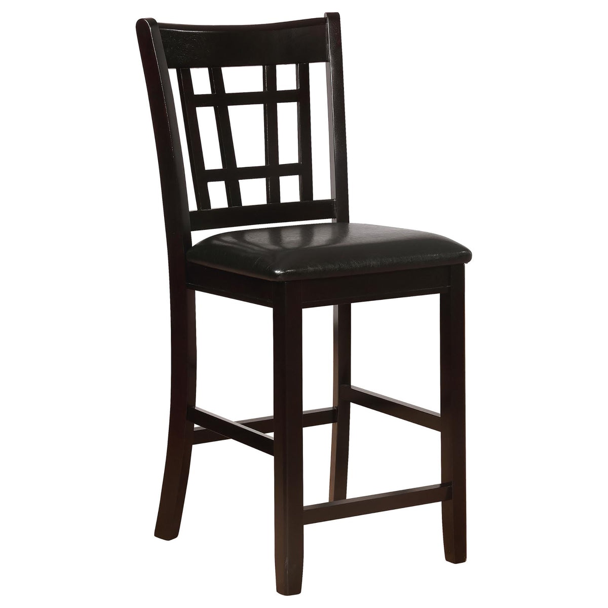Black And Espresso Lattice Back Counter Height Stools Set Of 2 Solid Brown Espresso Dining Room Foam Spot Clean Transitional Rubberwood Open Back Foam Faux Leather