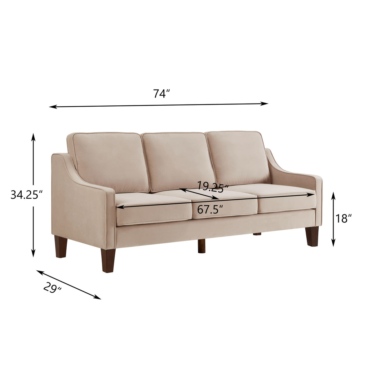 Modern 3 Person Seat Sofa Couch With Scooped Armrest Wood Legs,Upholstered Velvet 3 Seat Sofa With Removable Cushions For Livingroom Bedroom,Taupe Taupe Espresso Velvet Wood Primary Living Space Medium Soft Cushion Back American Design Rubberwood Square